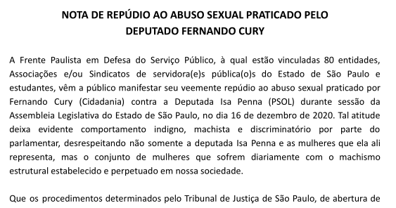 NOTA DE REPÚDIO AO ABUSO SEXUAL PRATICADO PELO DEPUTADO FERNANDO CURY