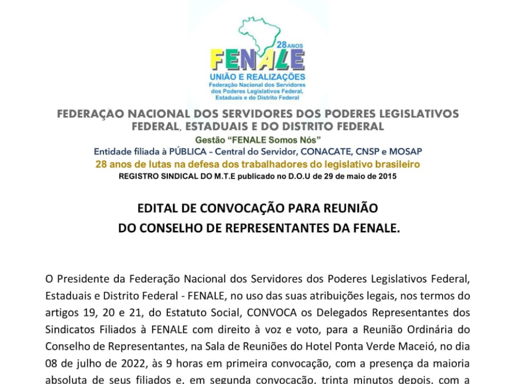 Edital de convocação para reunião do conselho de representantes da Fenale